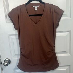 Athleta Ruched Side V Neck Tee Brown Soft Stretch Top Size Small Petite